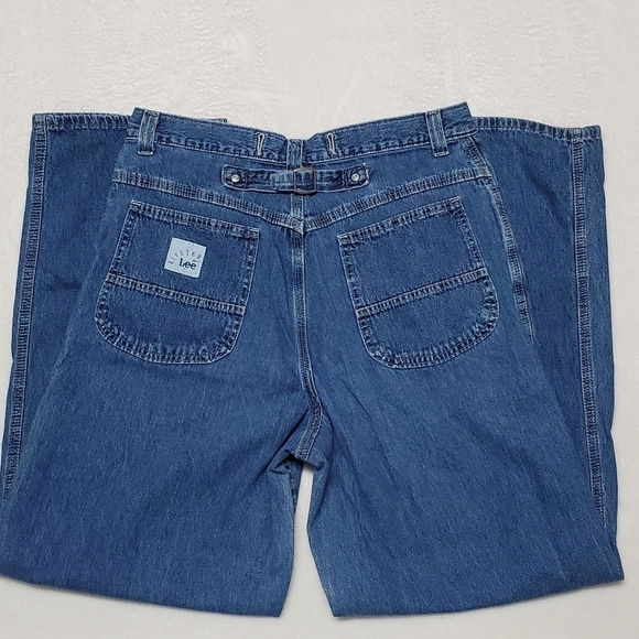 VINTAGE 90s Lee Riveted Dark Wash Wide Leg High Rise Skater Loose Fit Jeans - Picture 9 of 13